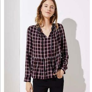 LOFT plaid peplum tie neck blouse- new without tags